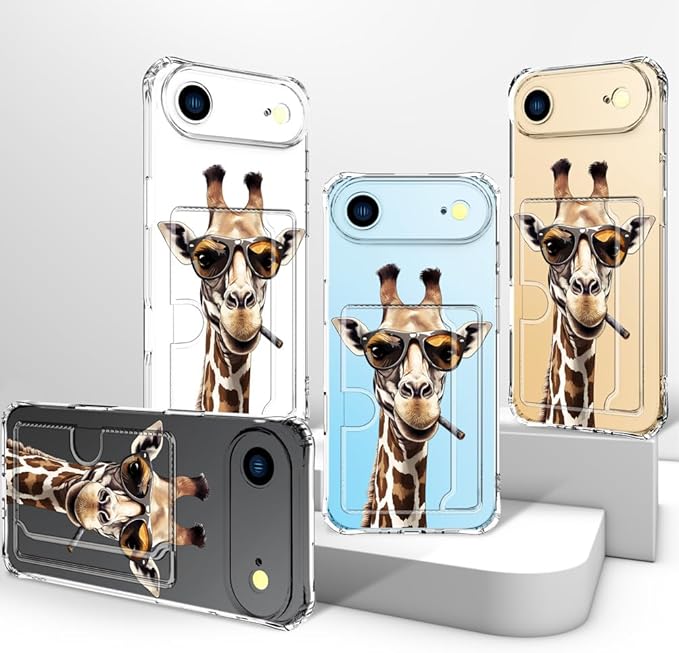 Compatible with iPhone 17 Air Case Card Holder for Women Cute Design,Wallet Phone Cases Transparent Cool Kawaii Protective (Clear Giraffe Smoking Animal)
