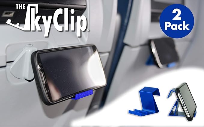 The SkyClip Airplane Cell Phone Back of Seat Inflight Tray Table Clip and Sturdy Phone Stand, Compatible with iPhone, Android, Tablets, and Readers, Travel Must Have (Blue 2 Pack)