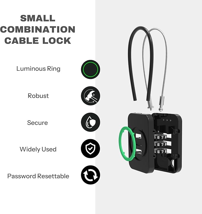 3 Digit Combination Lock, Travel Safe Luggage Locks, Small Cable Lock with Code, Combo Padlock for Suitcase, Backpack, Bag Zipper, Gym Locker, Outdoor Fence, Candados (Luminous, Black)