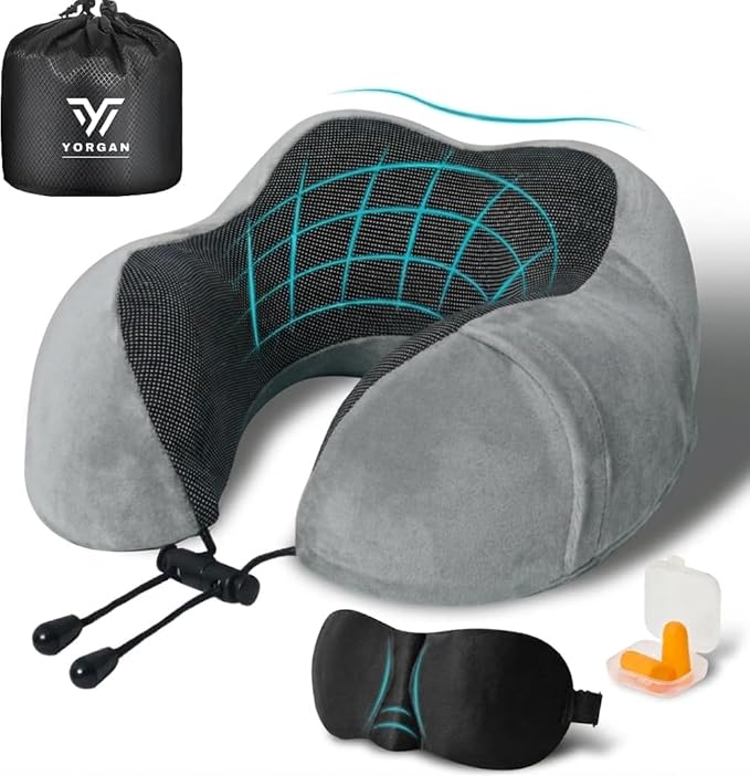 Airplane Travel Neck Pillow, 100% Memory Foam Ergonomic Neck Support, Airplanes Neck Pillow with Washable Cover Travel Essential for Flight, Office includes Eye Masks, Earplugs & Carry Bag (Dark Gray)