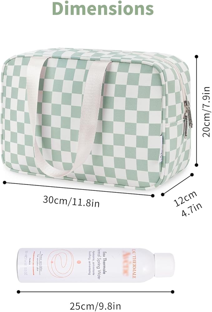 Narwey Large Capacity Travel Toiletry Bag Women, Checkered Makeup Bag with Handle, Portable Make up Cosmetic bag Organizer, Travel Bag for Toiletries, Skincare, Medicine, Essentials (Green Checker)