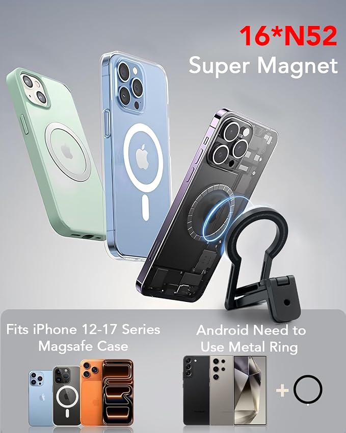 Magnetic Tripod for iPhone - Foldable Mini Pocket Phone Stand, Portable Selfie Stick Handle Grip with 360°, Airplane Travel Essentials, Phone Holders for Your Car and Gym (Grey)