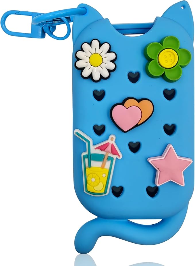 Cat Silicone Case for Touchland Mist 1 Fl.Oz(30mL),With 5 Charms & Keyring, Stylish Cute Hand Sanitizer Spray Accessory,Lightweight & Portable for Travel-Blue