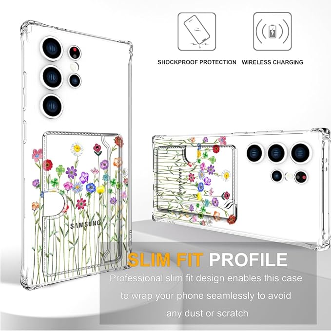 Compatible with Samsung Galaxy S24 Ultra Case Card Holder for Women Cute Design,Wallet Phone Cases Transparent Cool Kawaii Protective (Clear Flower Floral Bouquet)