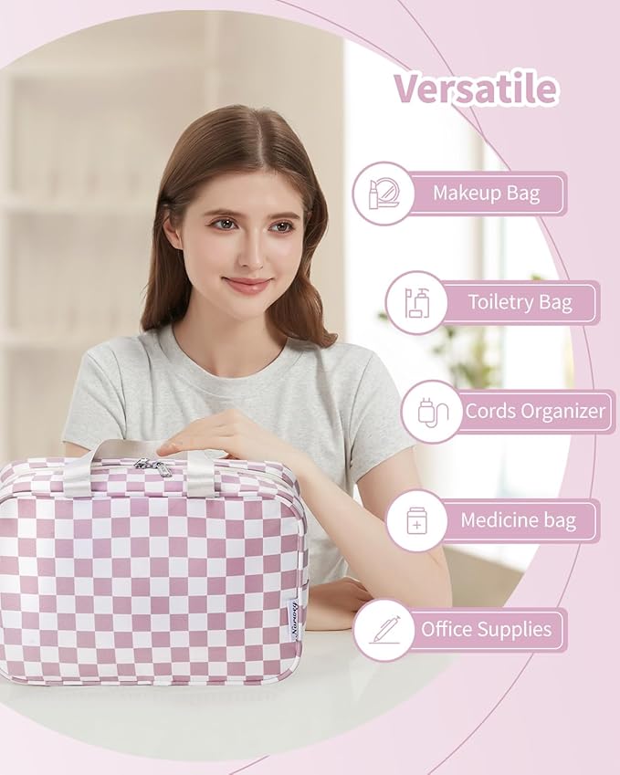 Narwey Large Checkered Travel Toiletry Bag Women Toiletries Bag Pink Makeup Bag Organizer Make up bag Cosmetic Bag Medicine Bag for Girls (Dusty Rose Checkerboard, Large)