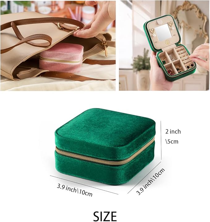 ZPROW Plush Velvet Travel Jewelry Case, Organizer, Box, Small Case for Women, Earring Organizer with Mirror, Best Gifts For Daughter, Girlfriend, Mom | Gifts For Her - Emerald Green