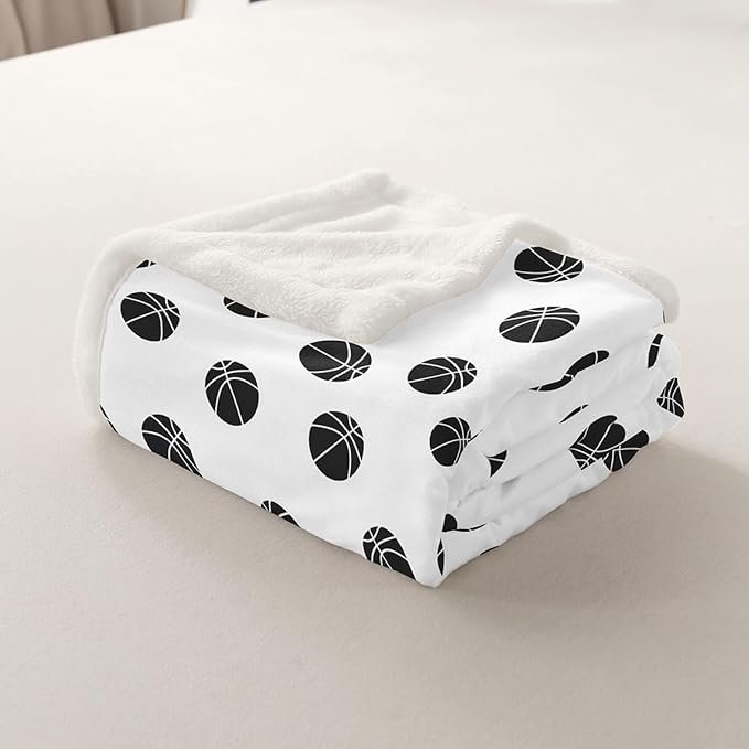 Basketball Kids Throw Blanket,Ball Sports Games Bed Blanket for Girls Boys Adults,Ball Simple Style Fashion Fleece Blanket,Black White Chic Fuzzy Blanket,40 x 50 Inches