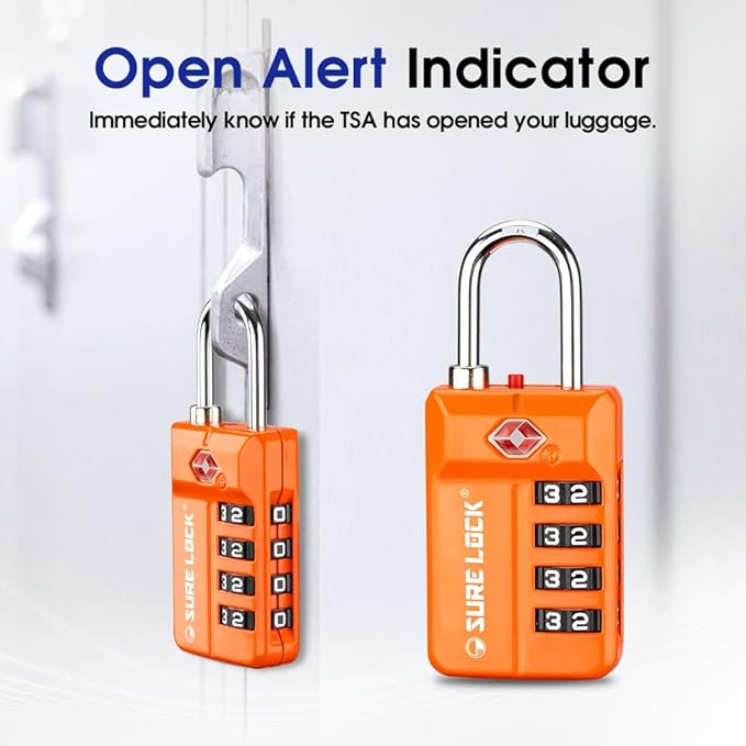 SURE LOCK TSA Approved 4-Digit Resettable Combination Luggage Locks with Open Alert, Easy-Read Dials - for Luggage, School Lockers, Gym, Office, Toolbox & Security Cases (Orange 2 Pack)