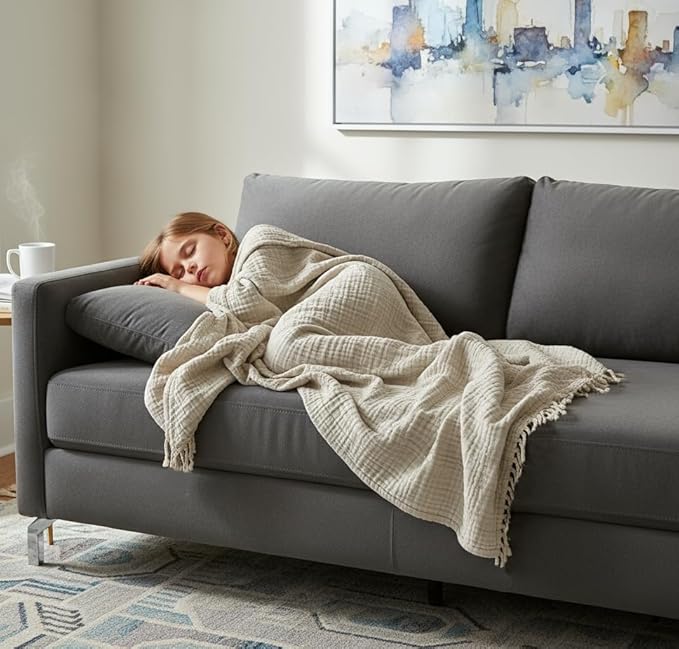 KyraHome 100% Organic Cotton Msulin Throw Blankets, Queen 90"x90", Pre-Washed Plant Dyed, Breathable Lightweight Soft Gauze Summer Blankets for Adults, Bed, All Season, Oatmeal Khaki