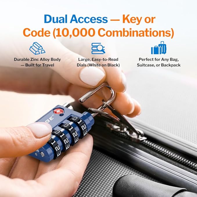 Forge Dual-Opening: Key or Combination Lock, TSA Approved Lock for Luggage, Pelican case, Travel, Gym, School, Luggage Combination Lock, Travel Bag Lock (Blue 4 Pk)