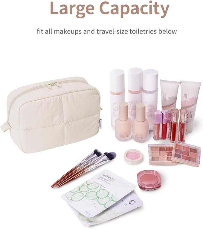 Narwey Puffy Makeup Bag for Travel Women Girl, Quilted Makeup Bag Cosmetic Bag, Cute Puffer Make up Organizer Bags, Travel Toiletry Bag Toiletries (Beige)