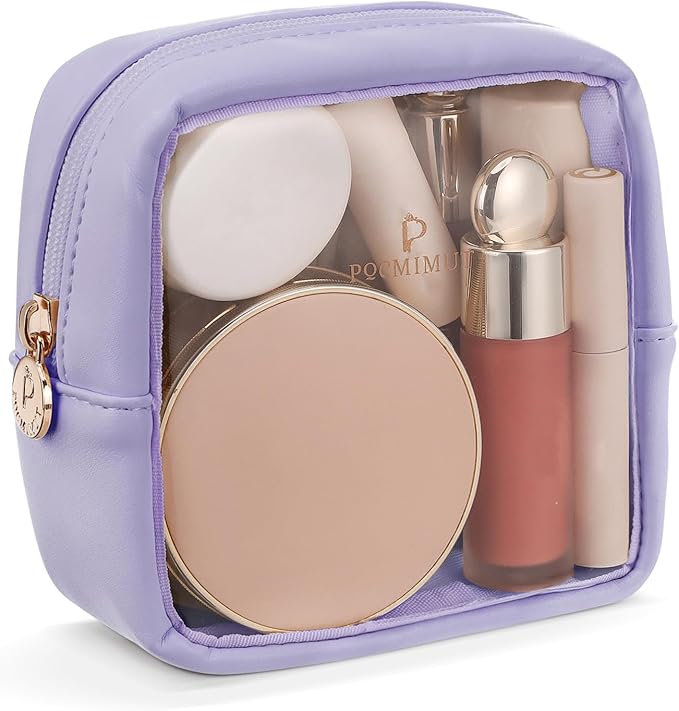 Pocmimut Clear Makeup Bag, Easy to Find Mini Makeup Bag for Purse, Travel Makeup Bag for Car, Compact Cosmetic Pouch for Daily Essentials,Purple