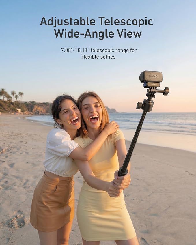 TELESIN Mini Selfie Stick & Magnetic Quick-Release Charging Adapter Mount for DJI Osmo Nano/Xtra Atto, 2-in-1 360° Adjustable Vlog Tripod with 1/4" Screw Hole Foldable Base, Anti-Slip Handle Grip