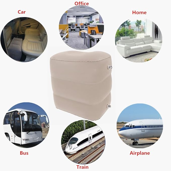 Inflatable Travel Foot & Leg Rest Pillow with Adjustable Height for Airplane, Car, Bus, Train, Office, Camping and Kids to Sleep on Long Flights, Air Pump Included
