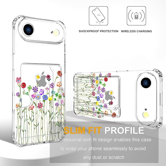 Compatible with iPhone 17 Air Case Card Holder for Women Cute Design,Wallet Phone Cases Transparent Cool Kawaii Protective (Clear Flower Floral Bouquet)