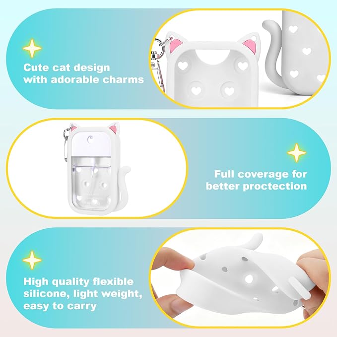 Juome Silicone Case for Touchland Hand Sanitizer Spray with Keychain & Charms, Cat Protective Holder Compatible with Touchland Power Mist & Glow Mist 1 FL Oz/30ML,Travel Cover Sleeve Accessory (White)