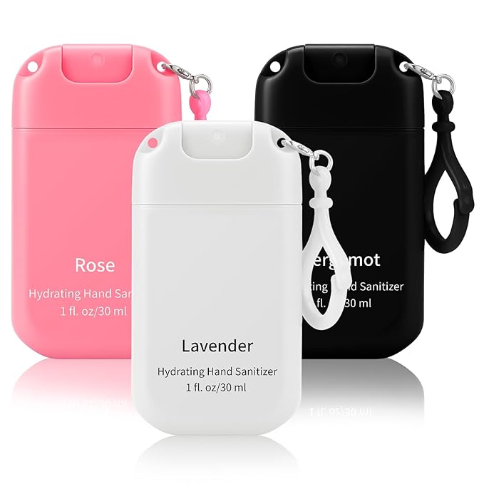 Set of 3 Power Mist Hydrating Hand Sanitizer Spray Bulk with Keychain Travel Size Refreshing Hand Sanitizer 1 Fl. oz Compact Spray Bottle Romantic Rose Bergamot Lavender for Graduation Gifts