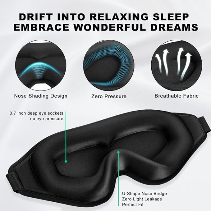 3D Contoured Sleep Eye mask Side Sleeper Men Women Zero Eye Pressure high Density Memory Foam Soft Breathable Light Blocking Night Blindfold Travel Yoga Napping Black