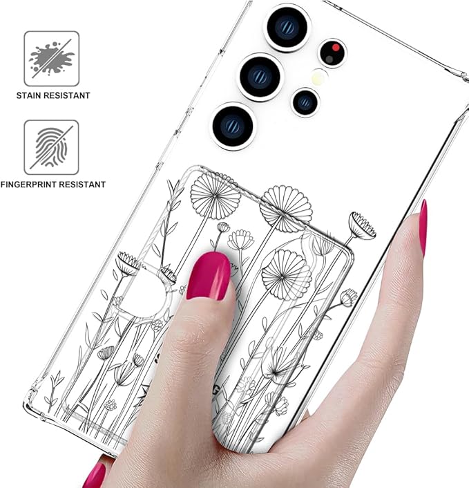 Compatible with Samsung Galaxy S24 Ultra Case Card Holder for Women Cute Design,Wallet Phone Cases Transparent Cool Kawaii Protective (Clear Black Flower Bouquet)