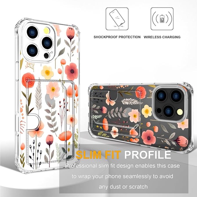 Compatible with iPhone 16 Pro Max Case Card Holder for Women Cute Design,Wallet Phone Cases Transparent Cool Kawaii Protective (Clear Flowers Leaves)