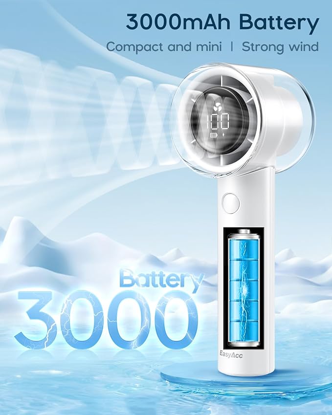 EasyAcc Handheld Turbo Fan, 5 Gear Wind, Battery Operated, Up to 19 Working Hours, 3 IN 1 Hand Fan with Air Turbo Tech Cooling Fan for Outdoor Activities, Travel, Working