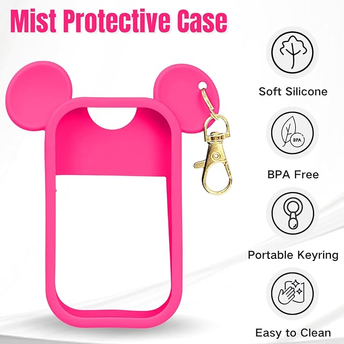 Mouse Design Silicone Case Compatible with Touchland Hand Sanitizer Spray 1 fl oz, Silicone Protective Case Holder with Keychain for Power Mist and Glow Mist, Rose Red