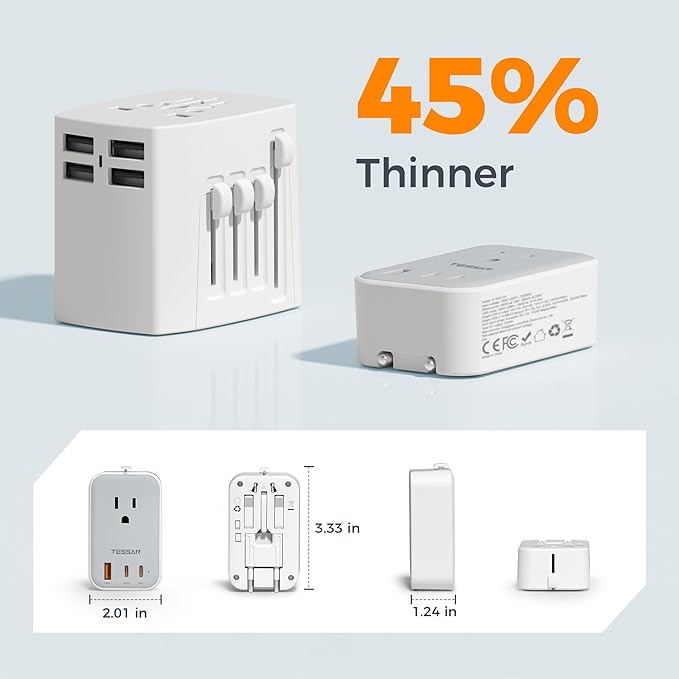 TESSAN Universal Travel Adapter PD 20W, Ultra Thin International Power Adapter 2 USB C 1 USB A, Worldwide Power Plug Adaptor for USA to European UK Italy Ireland New Zealand (Type C/G/A/I), Grey