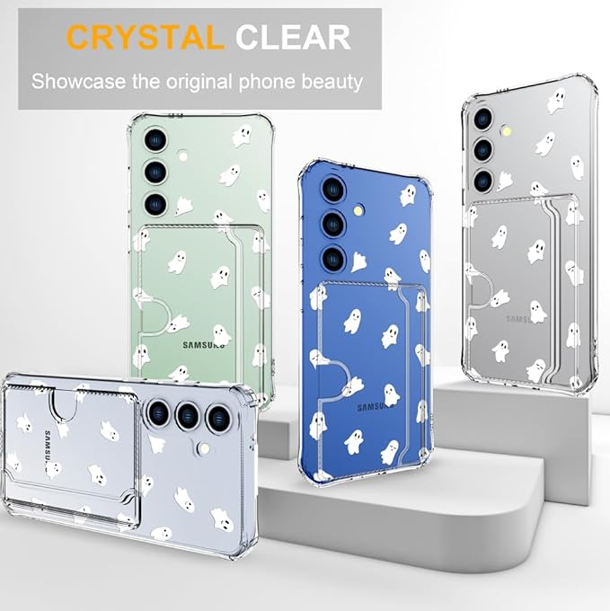 Compatible with Samsung Galaxy S24 / S25 Case Card Holder for Women Cute Design,Wallet Phone Cases Transparent Cool Kawaii Protective (Clear Ghosts Halloween Hallowmas)