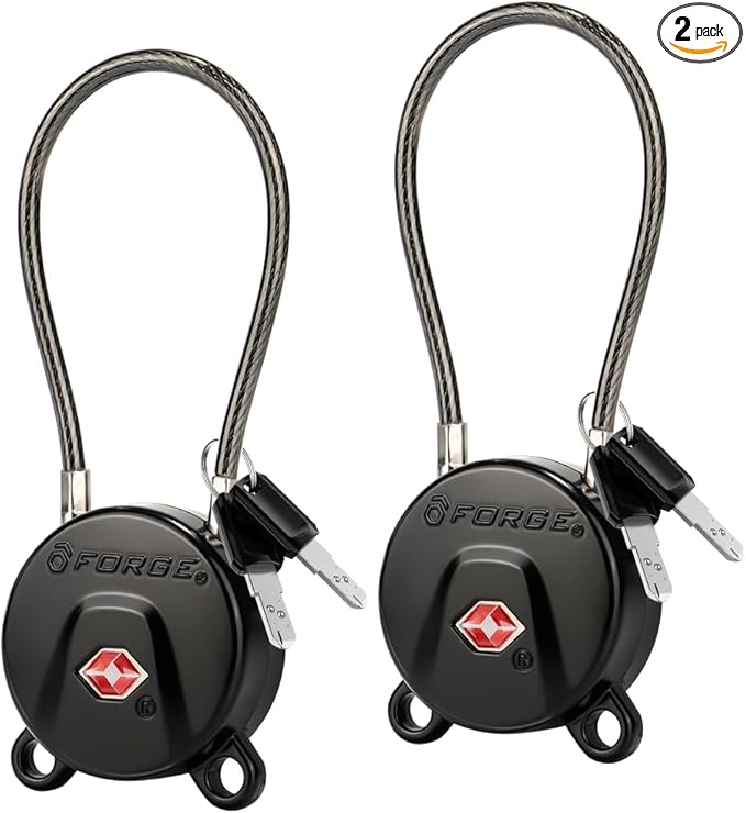 Forge TSA Approved Luggage Locks Ultra-Secure Dimple TSA006 Key Travel Locks with Zinc Alloy Body- Black 2 Cable Locks