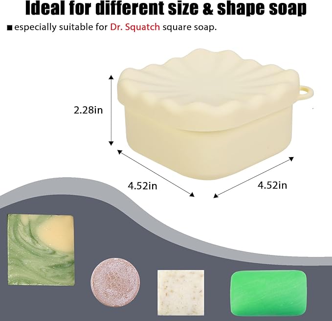 Square Travel Soap Case, Bar Soap Holder for Dr Squatch, Silicone Soap Case with Soap Saver, Portable Shampoo Bar Soap Box for Shower, Travel, Camp (Cream Yellow)