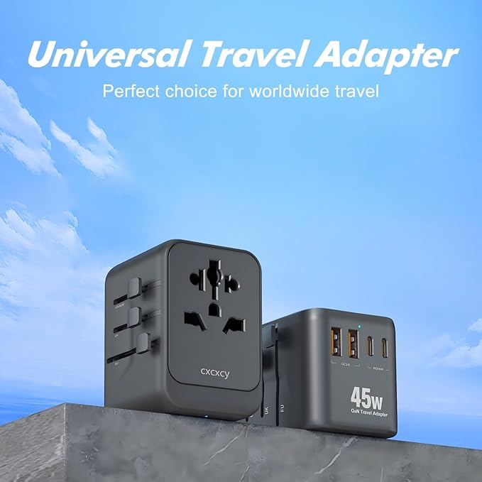 45W GaN Universal Travel Adapter | 5 Port International Power Adapter with 2 USB-C PD 3.0, 2 USB-A QC 3.0 & AC Outlet | Worldwide Travel Plug for US, EU, UK, AU & Most Countries