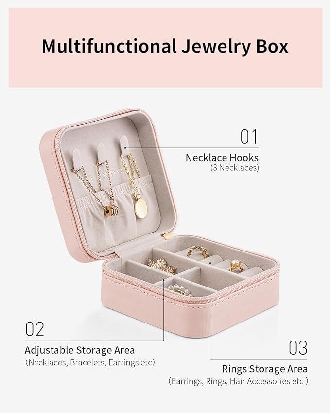 VLANDO Travel Jewelry Case - Mothers Day Mom Gifts for Women - Small Jewelry Travel Organizer Box Travel Essentials Gift for Teen Girl Women - Pink