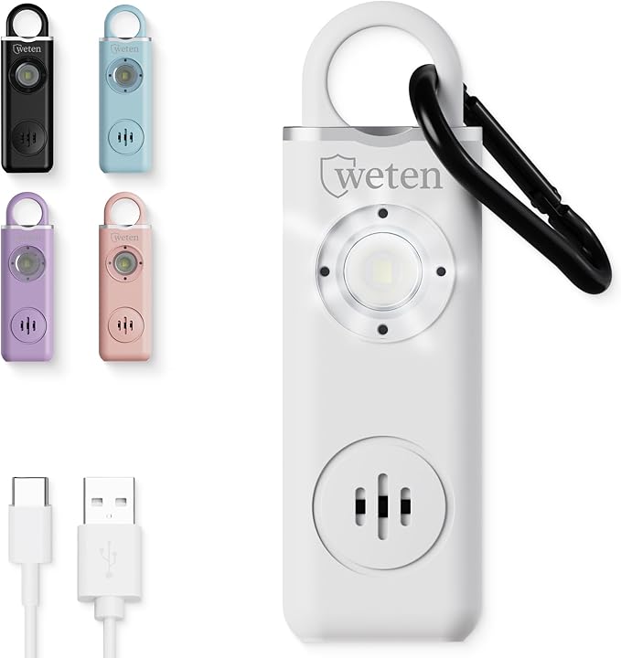 Personal Alarm for Women Safety - 130dB Loud Rechargeable Keychain Siren - LED Light, Carabiner Clip, Low Battery Alert, USB-C Charging TSA Safe Self Defense Alarm by Weten (White)