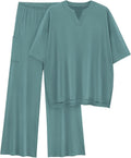KIRUNDO Womens 2 Piece Matching Lounge Set Airport Travel Vacation Summer Outfits Oversized Short Sleeve Tops Wide Leg Pants