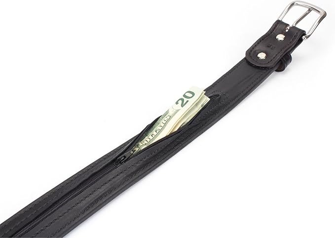 Hidden Money Pocket Travel Leather Belt (Size 56, Black)