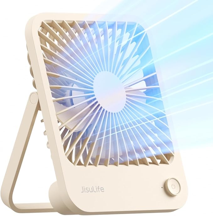 JISULIFE Small Desk Fan Battery Operated, 180° Foldable Portable Fan, 4 Speeds Adjustable Ultra Quiet for Home Office Travel Outdoor-Brown
