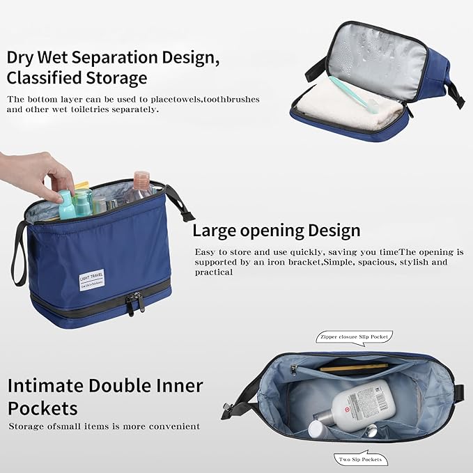Hanging Travel Toiletry Bag for Men, Compact,sturdy, Lightweight, Waterproof, Dry Wet Separation,Simple and Practical, Suitable for travel Toiletry Organizer (Men, Navy Blue)