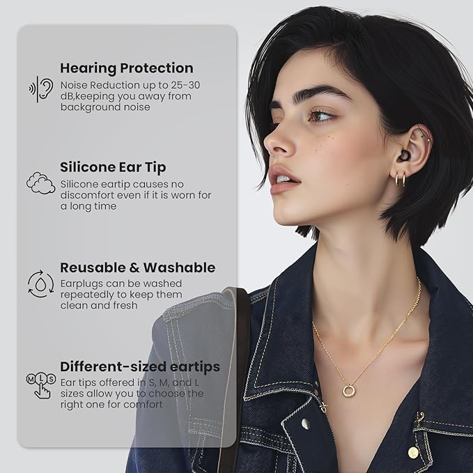JUSTRVN Ear Plugs for Sleeping,2 Pairs of Stylish Reusable Noise Reduction Earplugs with 8 Pairs Tips & case,Hearing Protection Earplugs for Concert,Travel,Work,Live Events - 25dB-30dB