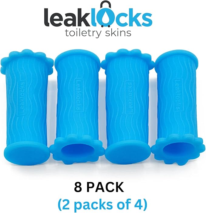 LeakLocks® Toiletry Skins™ Elastic Sleeve for Leak Proofing Travel Container in Luggage. For Standard and Travel Sized Toiletries. Reusable Accessory for Travel Bag Suitcase and Carry-on Luggage