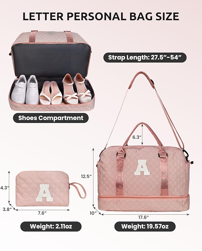 Gifts for Teenage Girls-Bachelorette Personalized Weekender Travel Bag with Monogram, Girls Duffle Bag with Shoulder Strap, Overnight Bag for Women-Sweet 16 Gifts for Girls (Letter W)