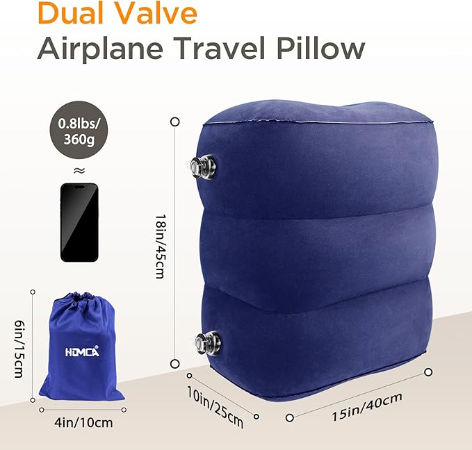 HOMCA Inflatable Travel Foot Rest Pillow (2-Pack) Adjustable Height Leg Pillow Fast Inflating Airplane Bed for Toddlers Footrest Pillow for Office, Airplane, Train, Cars, Home (Blue)
