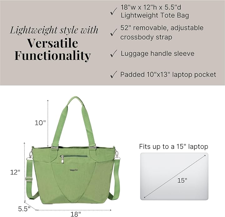 Baggallini Avenue Tote - 12x18 Laptop Tote Bag for Women - Lightweight Work Travel Carry On Bag