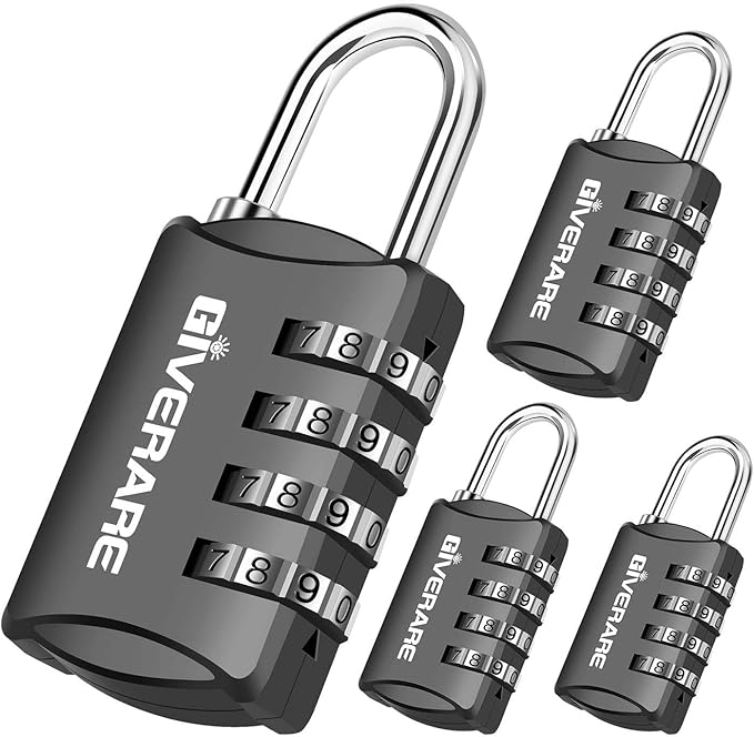 GIVERARE 4 Pack Combination Lock, 4-Digit Padlock Keyless, Resettable Luggage Locks for Backpack, Gym & School & Employee Locker, Weatherproof Travel Lock for Fence, Backyard Gate, Hasp, Case-Black