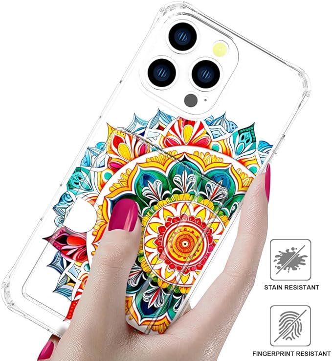 Compatible with iPhone 16 Pro Case Card Holder for Women Cute Design,Wallet Phone Cases Transparent Cool Kawaii Protective (Clear Mandala Henna Flower)