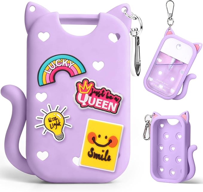 Juome Silicone Case for Touchland Hand Sanitizer Spray with Keychain & Charms, Cat Protective Holder Compatible with Touchland Power Mist & Glow Mist 1 FL Oz/30ML,Travel Cover Sleeve Accessory -Purple
