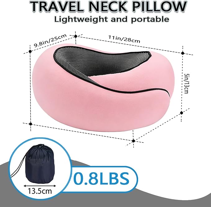 Travel Neck Pillow- 360° Ergonomic Memory Foam Travel Neck Pillow Airplane,Premium Breathable Relief Neck Pain for Long Flights,Car & Office（Pink