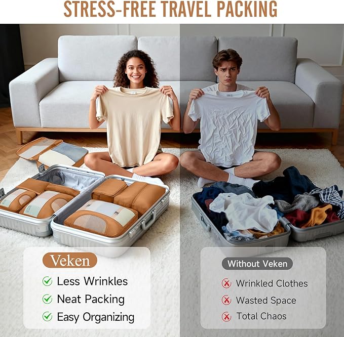 Veken 8 Set Packing Cubes for Travel Essentials, Suitcase Organizer Bags in 4 Sizes, Carry-On Luggage Accessories with Large Laundry Bag & Passport Holder, Must-Have for Airplane, Road Trip & Camping