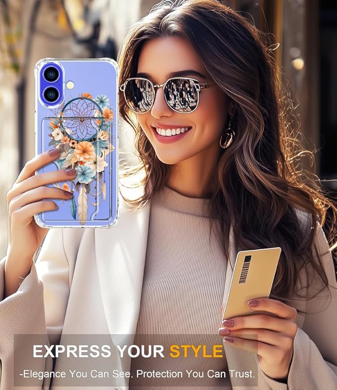 Compatible with iPhone 17 Case Card Holder for Women Cute Design,Wallet Phone Cases Transparent Cool Kawaii Protective (Clear Dreamcatcher Dream Cather)