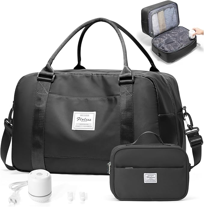Vacuum Travel Bag for Women with Air Pump, Personal Item Carry on Bags with Seal Compression Pocket for Airlines, Weekender Overnight Bag for Women with Toiletry Bag，Black
