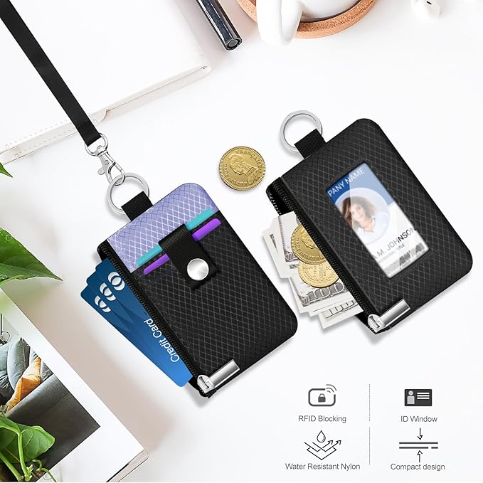 Minimalist RFID Blocking Small Wallet with ID Window,WaterResistant Zip Id Case Wallet with Lanyard Keychain for Cards,Cash,Travel,Women,Men (Black/Lavender Purple)